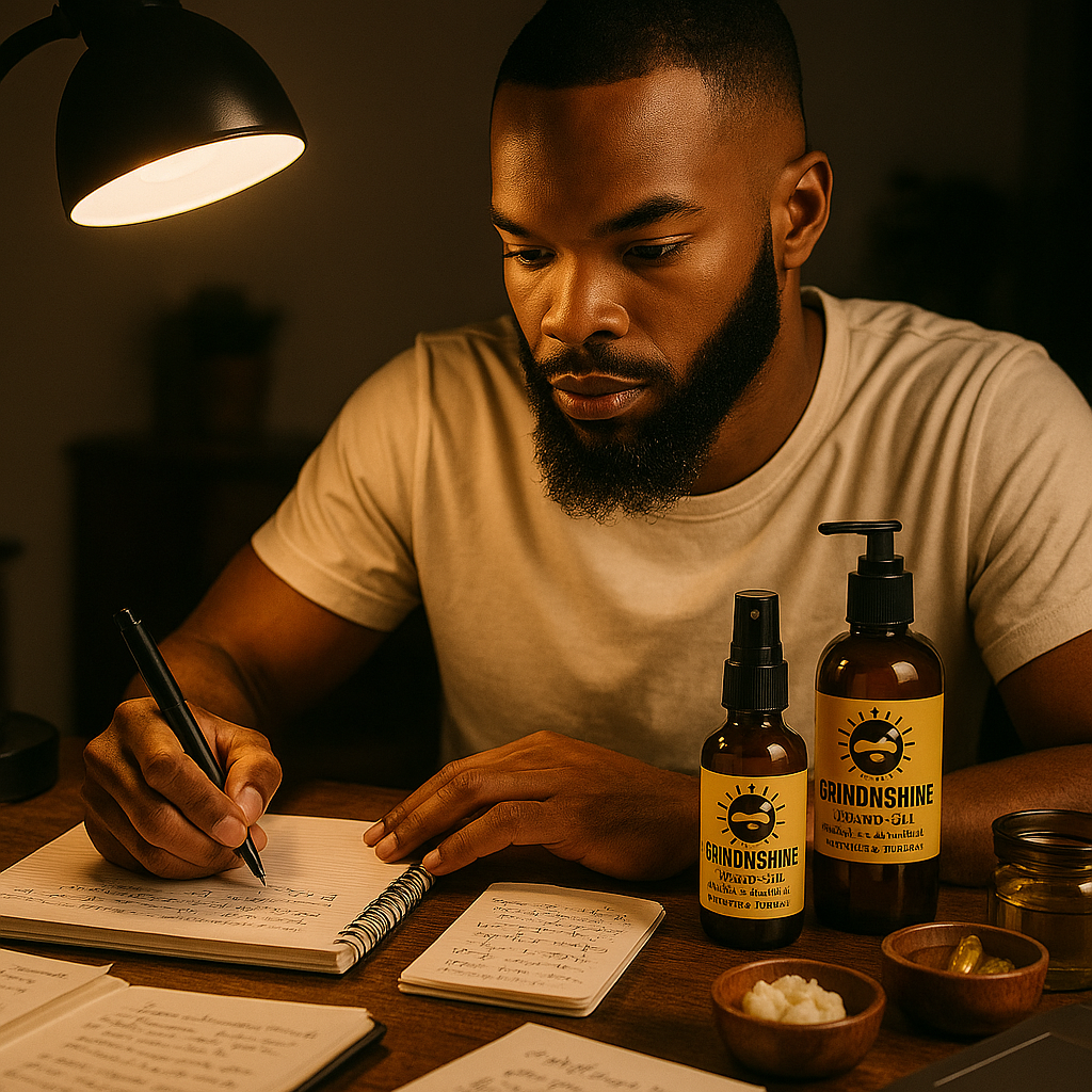 Man writing in a notebook with Grind N Shine products, symbolizing dedication and hard work